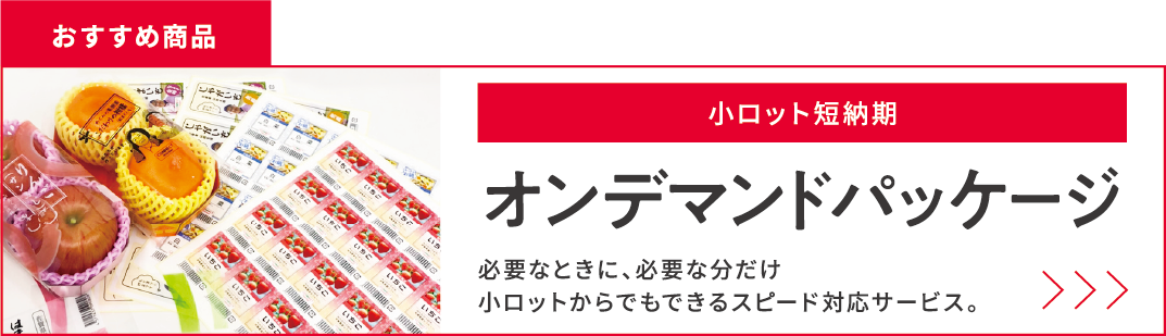 おすすめ商品 小ロット短納期 オンデマンドパッケージ 必要なときに、必要な分だけ小ロットからでもできるスピード対応サービス。